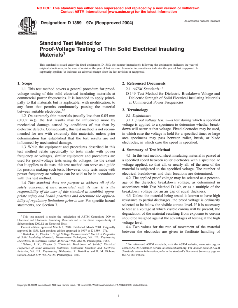 ASTM D1389-97a(2004) - Standard Test Method for Proof-Voltage Testing of Thin Solid Electrical Insulating Materials