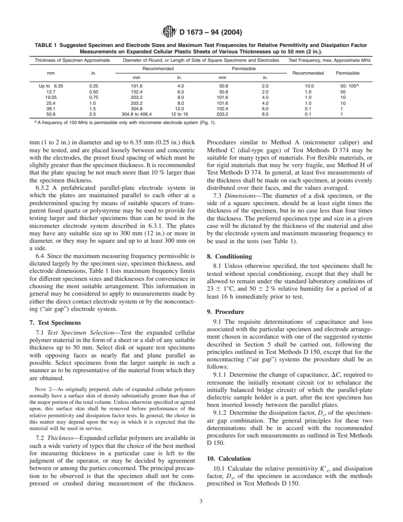 ASTM D1673-94(2004) - Standard Test Methods for Relative Permittivity And Dissipation Factor of Expanded Cellular Polymers Used For Electrical Insulation (Withdrawn 2006)