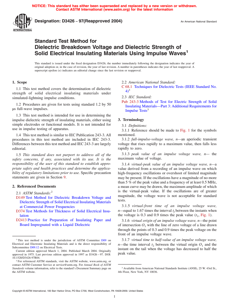 ASTM D3426-97(2004) - Standard Test Method for Dielectric Breakdown Voltage and Dielectric Strength of Solid Electrical Insulating Materials Using Impulse Waves