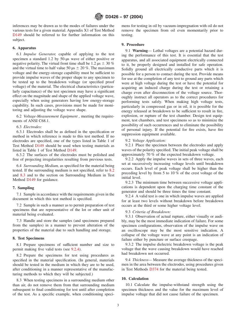 ASTM D3426-97(2004) - Standard Test Method for Dielectric Breakdown Voltage and Dielectric Strength of Solid Electrical Insulating Materials Using Impulse Waves