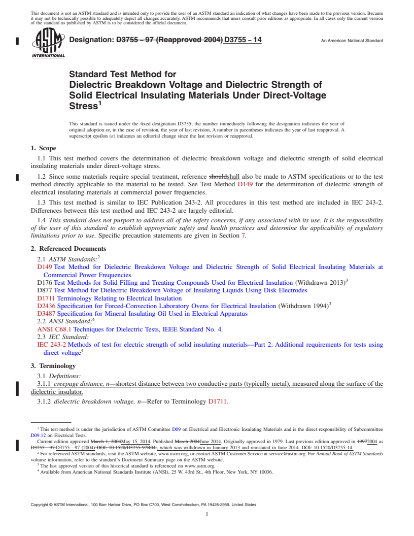 REDLINE ASTM D3755-14 - Standard Test Method for  Dielectric Breakdown Voltage and Dielectric Strength of Solid   Electrical Insulating Materials Under Direct-Voltage Stress