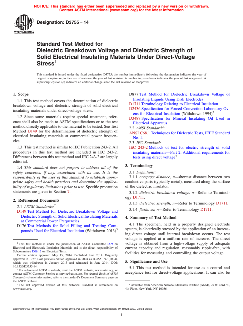 ASTM D3755-14 - Standard Test Method for  Dielectric Breakdown Voltage and Dielectric Strength of Solid   Electrical Insulating Materials Under Direct-Voltage Stress