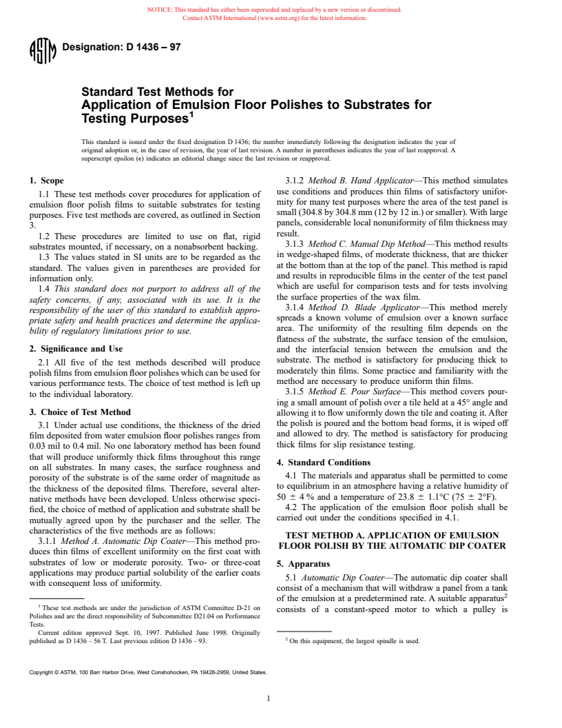 ASTM D1436-97 - Standard Test Methods for Application of Emulsion Floor Polishes to Substrates for Testing Purposes