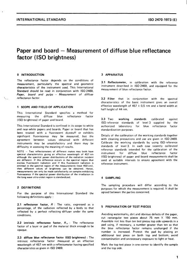 ISO 2470:1973 - Paper and board -- Measurement of diffuse blue reflectance factor (ISO brightness)