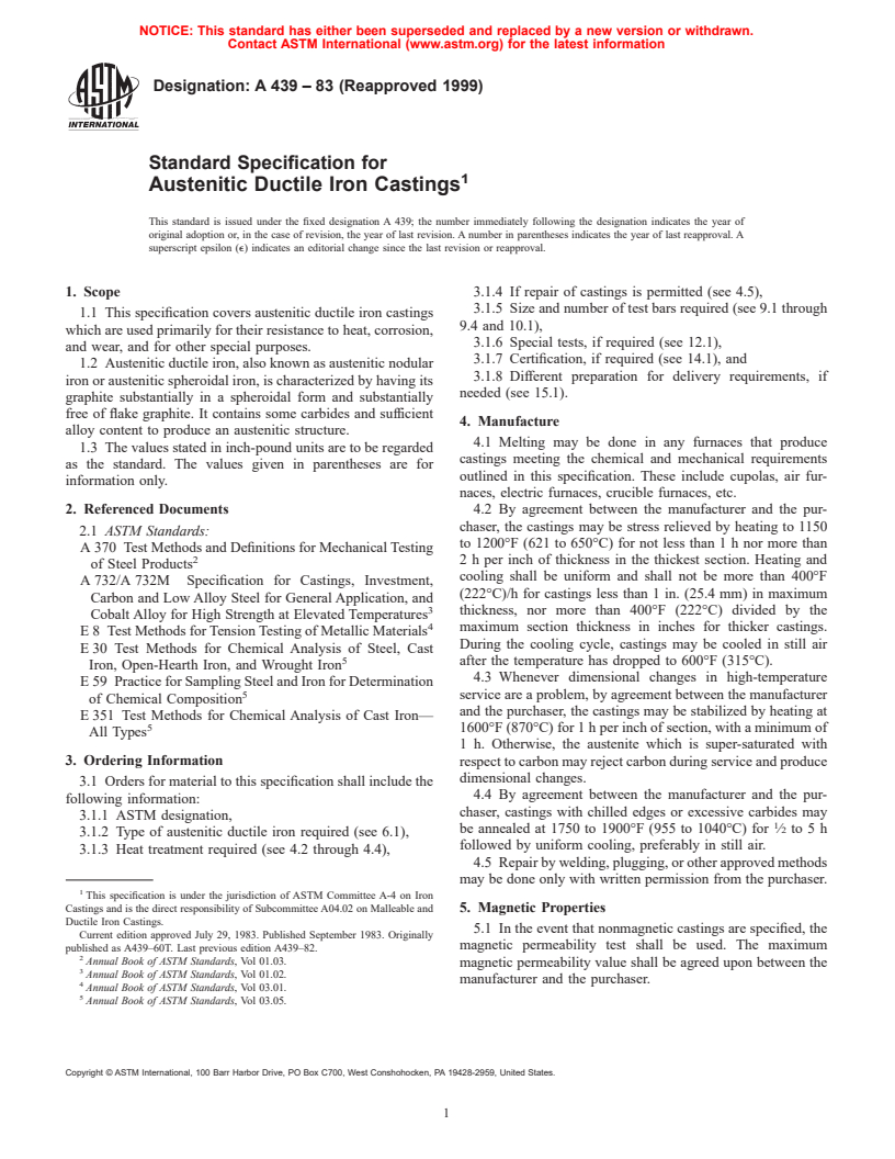 ASTM A439-83(1999) - Standard Specification for Austenitic Ductile Iron Castings