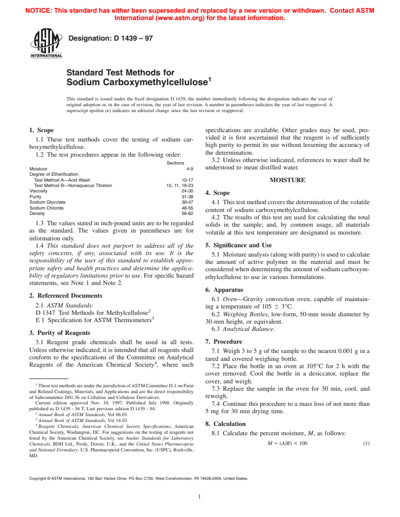 ASTM D1439-97 - Standard Test Methods for Sodium Carboxymethylcellulose