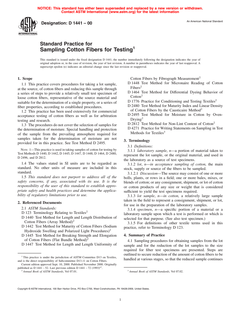 ASTM D1441-00 - Standard Practice for Sampling Cotton Fibers for Testing