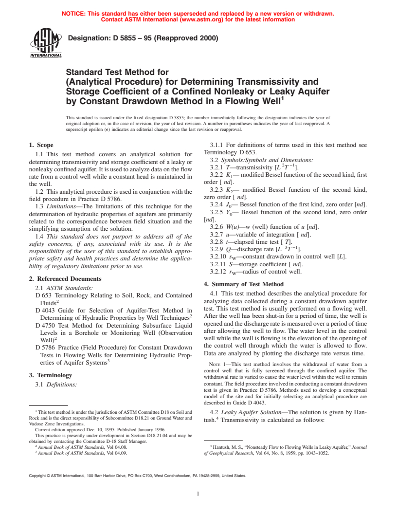 ASTM D5855-95(2000) - Standard Test Method for (Analytical Procedure) for Determining Transmissivity and Storage Coefficient of a Confined Nonleaky or Leaky Aquifer by Constant Drawdown Method in a Flowing Well