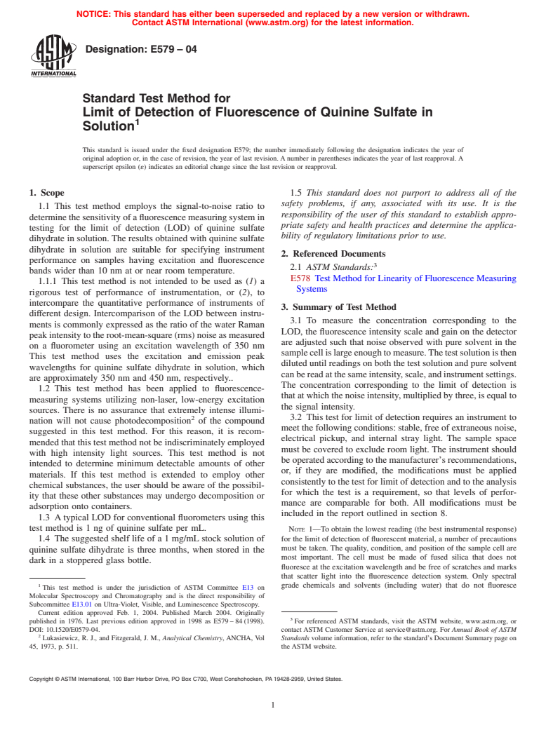 ASTM E579-04 - Standard Test Method for Limit of Detection of Fluorescence of Quinine Sulfate in Solution