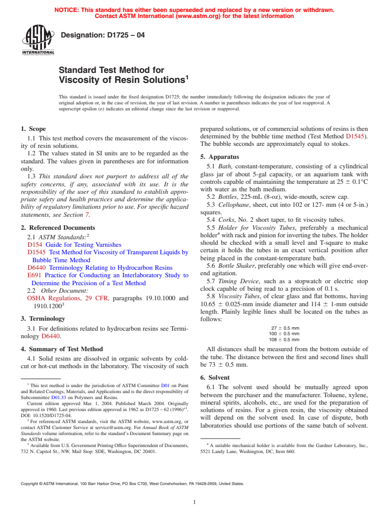 ASTM D1725-04 - Standard Test Method for Viscosity of Resin Solutions