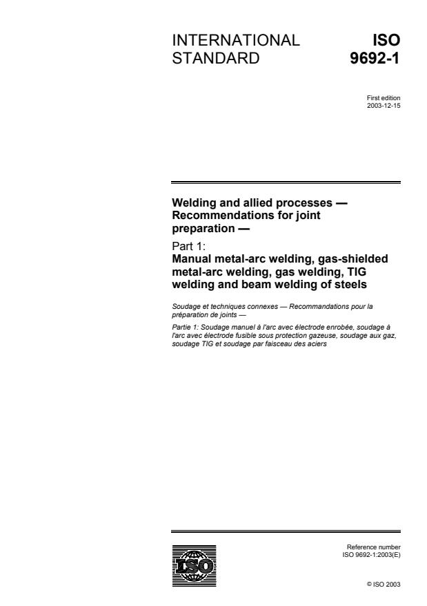 ISO 9692-1:2003 - Welding and allied processes -- Recommendations for joint preparation