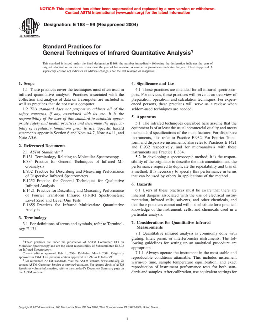 ASTM E168-99(2004) - Standard Practices for General Techniques of Infrared Quantitative Analysis