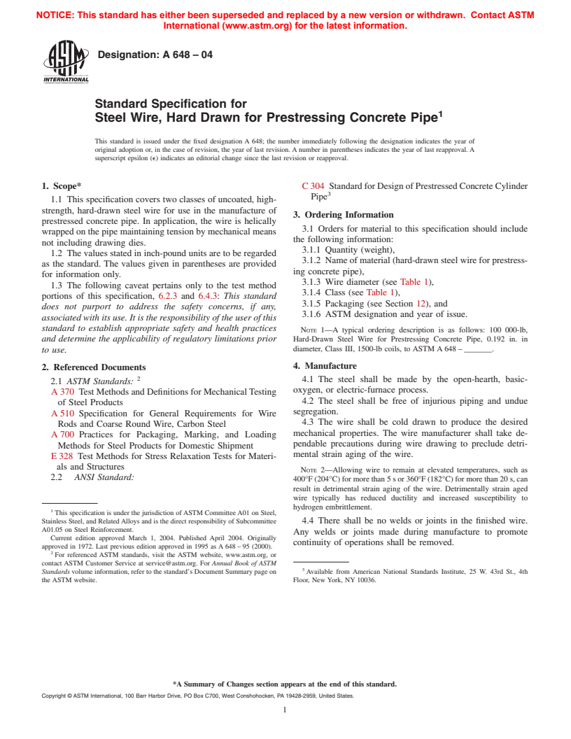 ASTM A648-04 - Standard Specification for Steel Wire, Hard Drawn for Prestressing Concrete Pipe