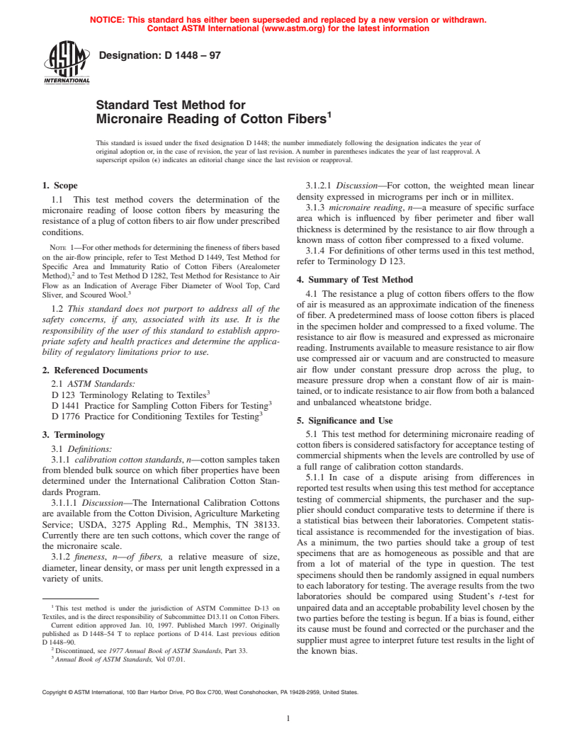 ASTM D1448-97 - Standard Test Method for Micronaire Reading of Cotton Fibers