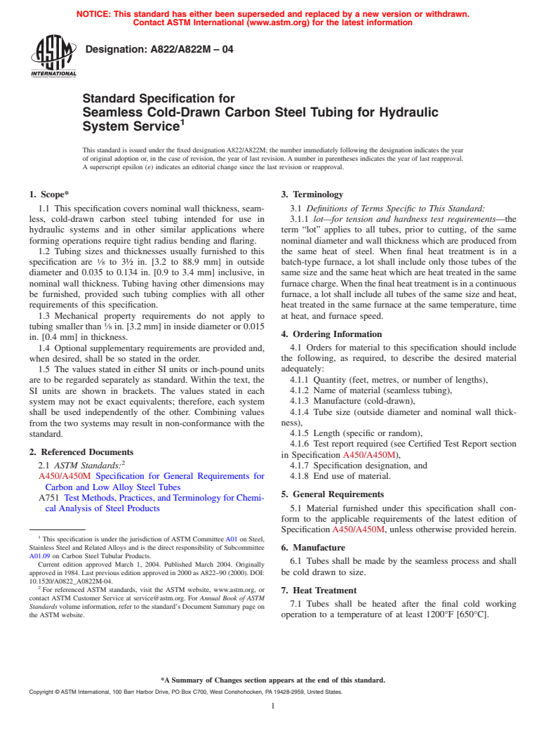 ASTM A822/A822M-04 - Standard Specification for Seamless Cold-Drawn Carbon Steel Tubing for Hydraulic System Service