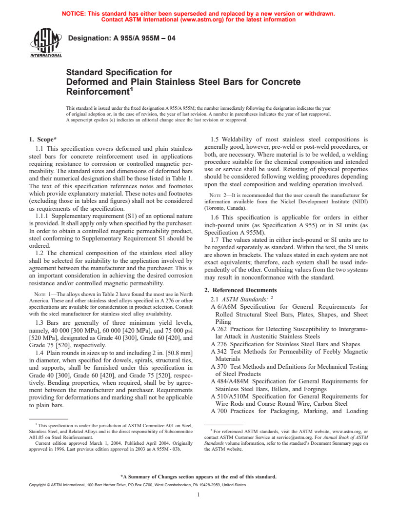 ASTM A955/A955M-04 - Standard Specification for Deformed and Plain Stainless Steel Bars for Concrete Reinforcement