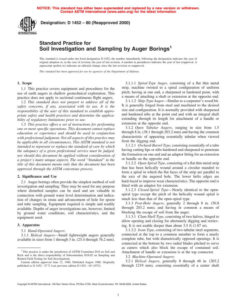 ASTM D1452-80(2000) - Standard Practice for Soil Investigation and Sampling by Auger Borings