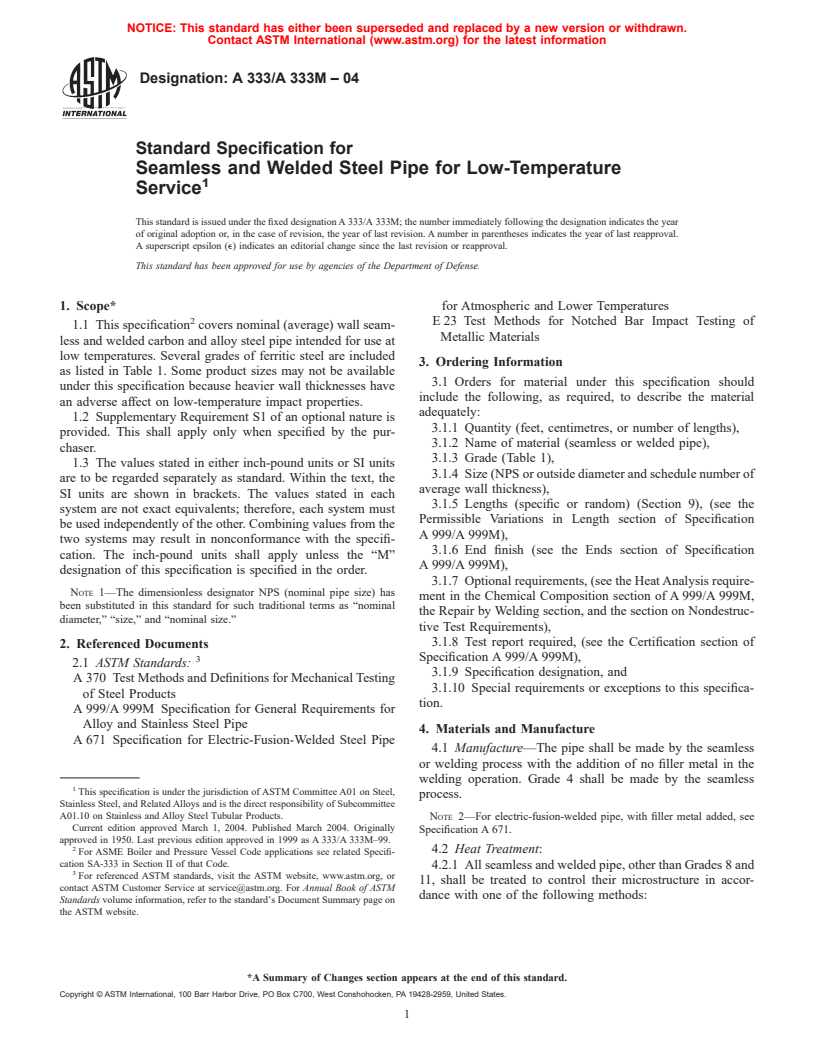 ASTM A333/A333M-04 - Standard Specification for Seamless and Welded Steel Pipe for Low-Temperature Service