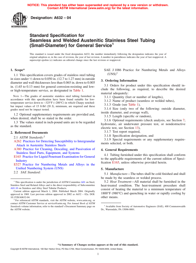 ASTM A632-04 - Standard Specification for Seamless and Welded Austenitic Stainless Steel Tubing (Small-Diameter) for General Service