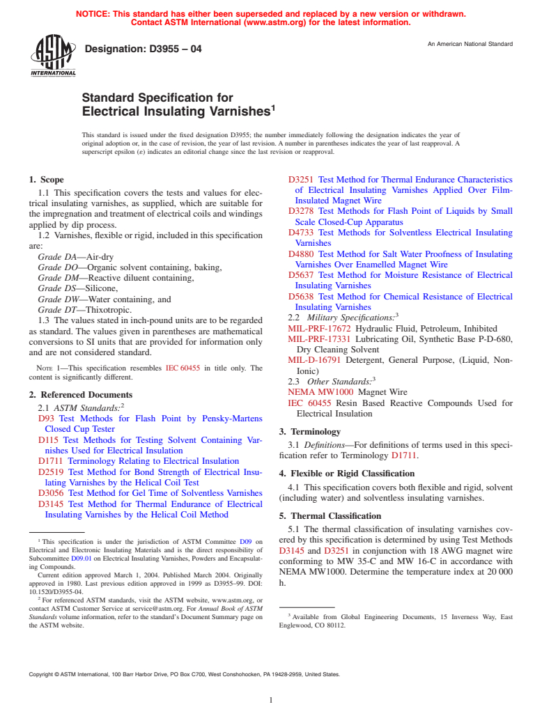 ASTM D3955-04 - Standard Specification for Electrical Insulating Varnishes