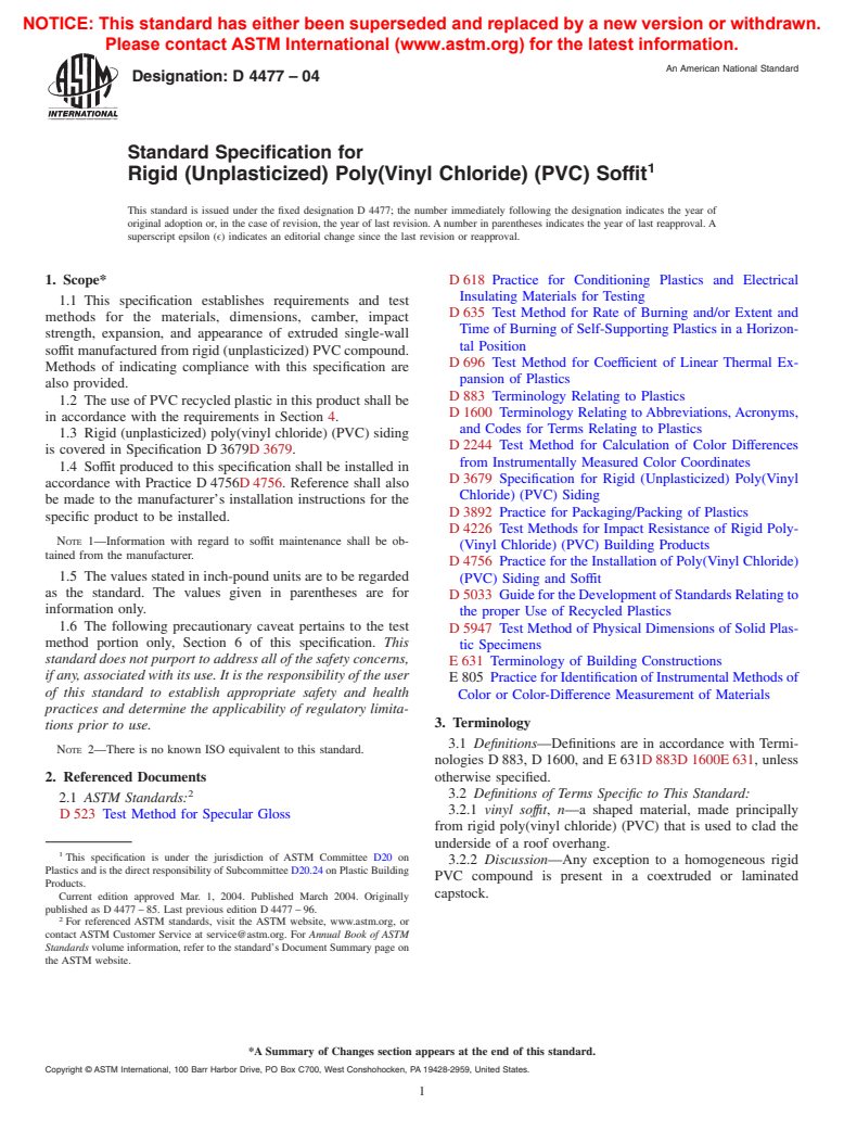 ASTM D4477-04 - Standard Specification for Rigid (Unplasticized) Poly(Vinyl Chloride) (PVC) Soffit