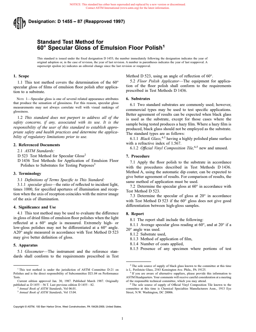 ASTM D1455-87(1997) - Standard Test Method for 60&#176 Specular Gloss of Emulsion Floor Polish