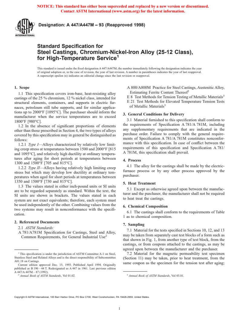 ASTM A447/A447M-93(1998) - Standard Specification for Steel Castings, Chromium-Nickel-Iron Alloy (25-12 Class), for High-Temperature Service