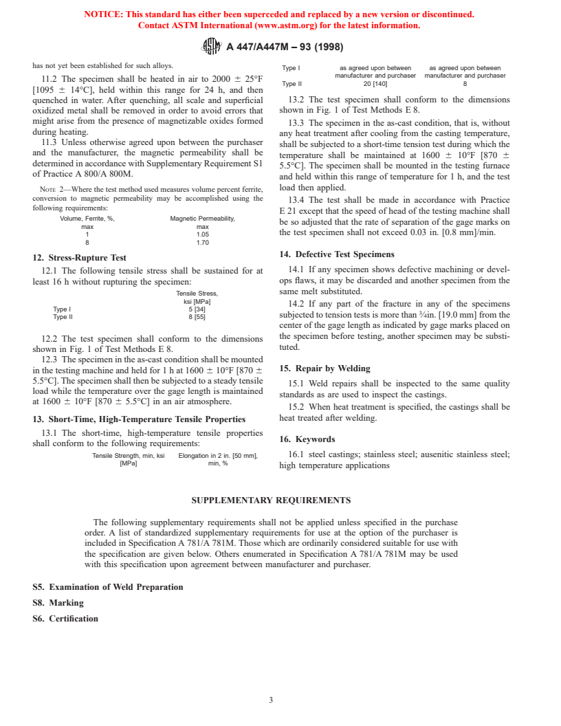 ASTM A447/A447M-93(1998) - Standard Specification for Steel Castings, Chromium-Nickel-Iron Alloy (25-12 Class), for High-Temperature Service