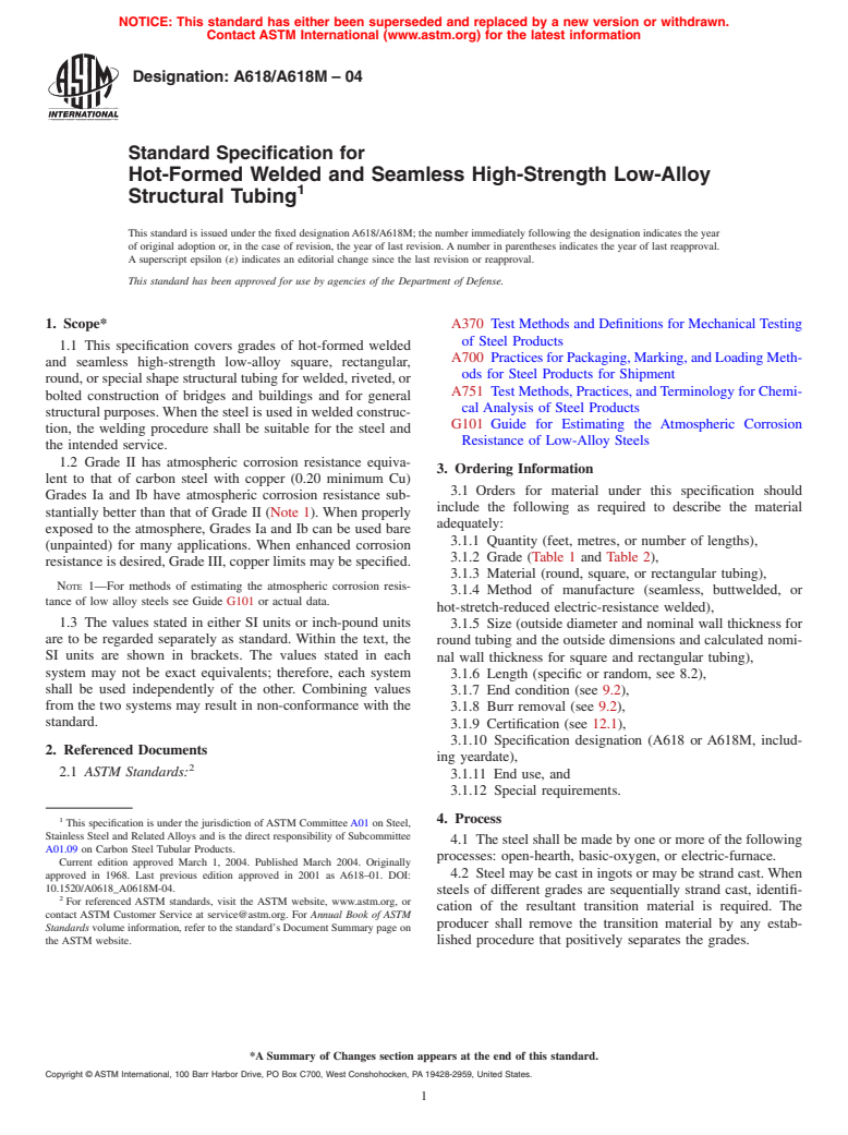 ASTM A618/A618M-04 - Standard Specification for Hot-Formed Welded and Seamless High-Strength Low-Alloy Structural Tubing