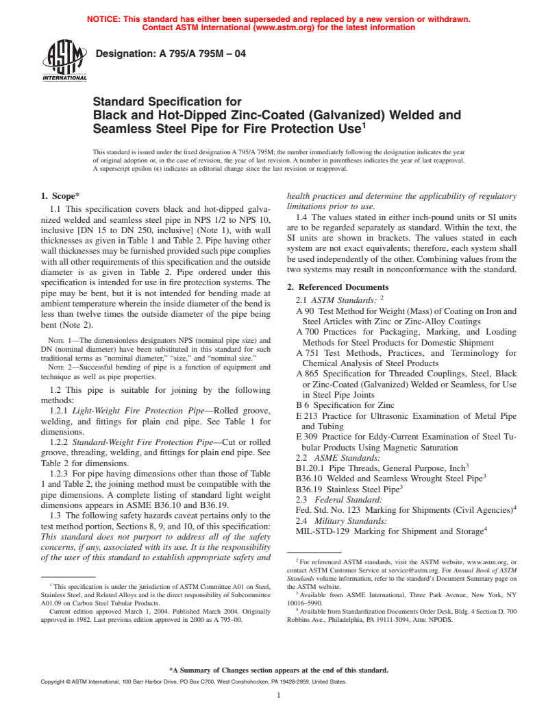 ASTM A795/A795M-04 - Standard Specification for Black and Hot-Dipped Zinc-Coated (Galvanized) Welded and Seamless Steel Pipe for Fire Protection Use