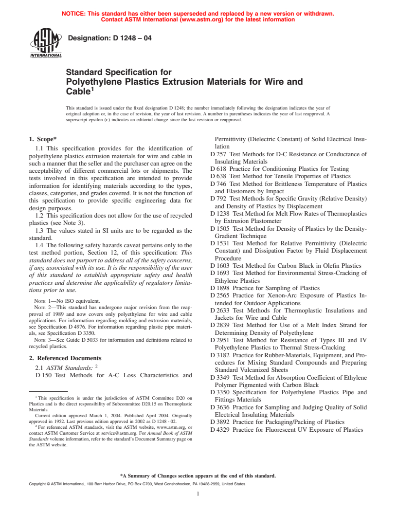 ASTM D1248-04 - Standard Specification for Polyethylene Plastics Extrusion Materials For Wire and Cable