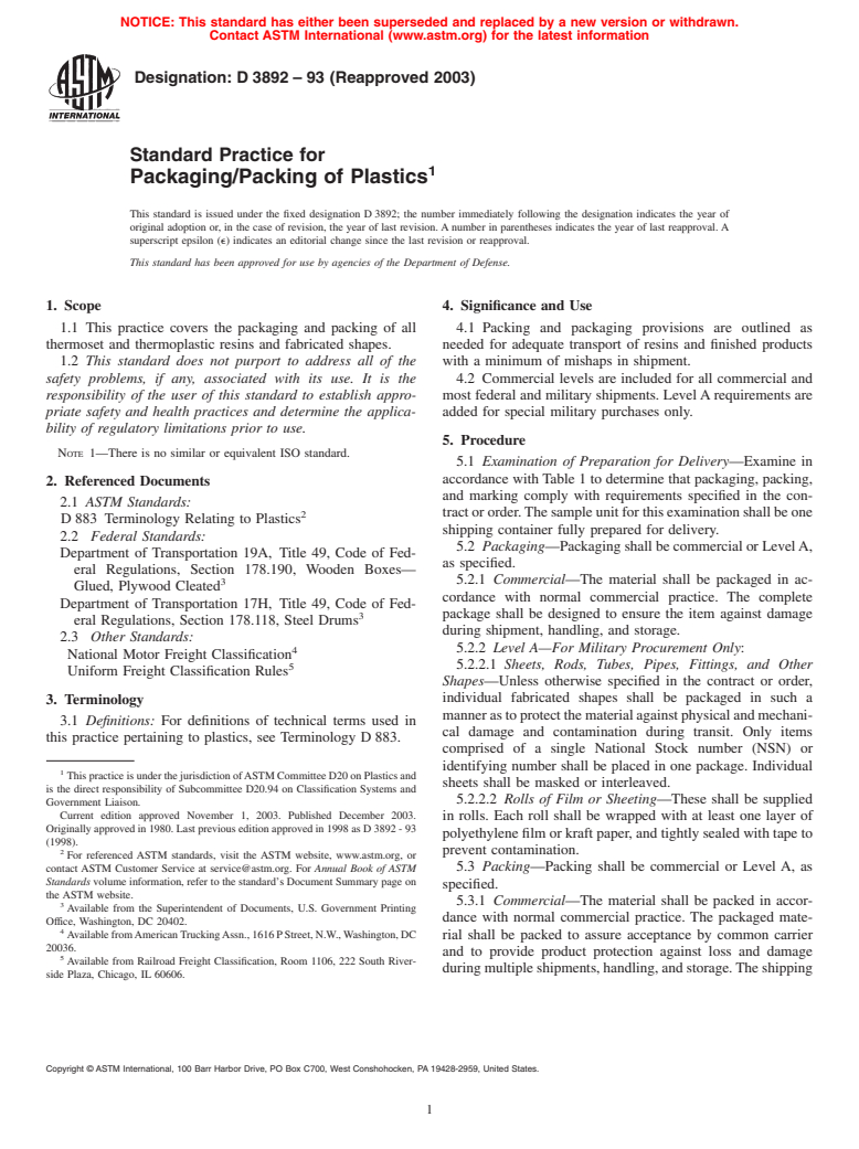 ASTM D3892-93(2003) - Standard Practice for Packaging/Packing of Plastics