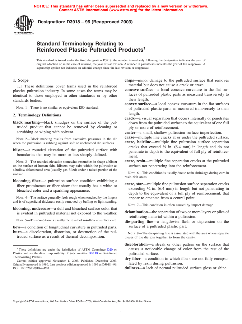 ASTM D3918-96(2003) - Standard Terminology Relating to Reinforced Plastic Pultruded Products