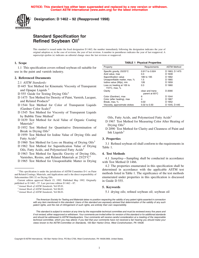 ASTM D1462-92(1998) - Standard Specification for Refined Soybean Oil (Withdrawn 2007)