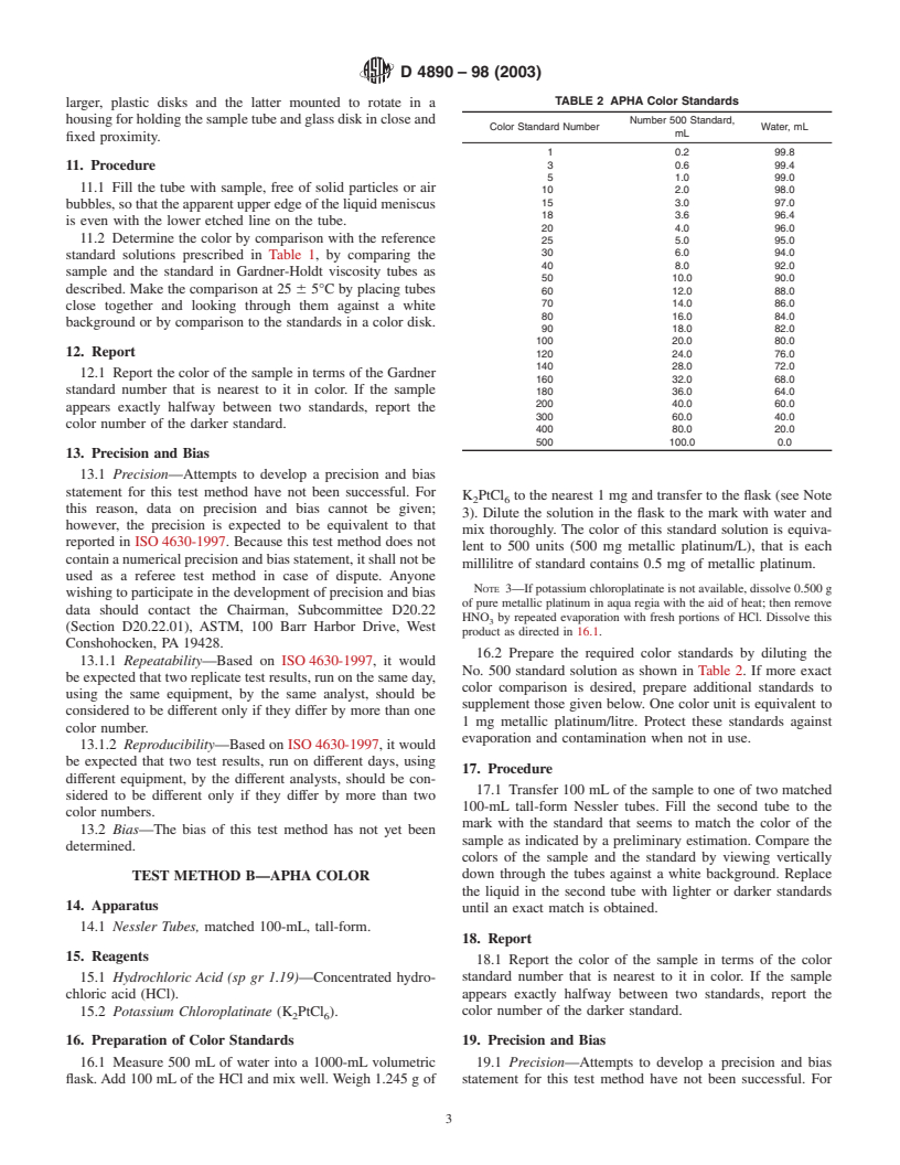 ASTM D4890-98(2003) - Standard Test Methods for Polyurethane Raw Materials: Determination of Gardner and APHA Color of Polyols