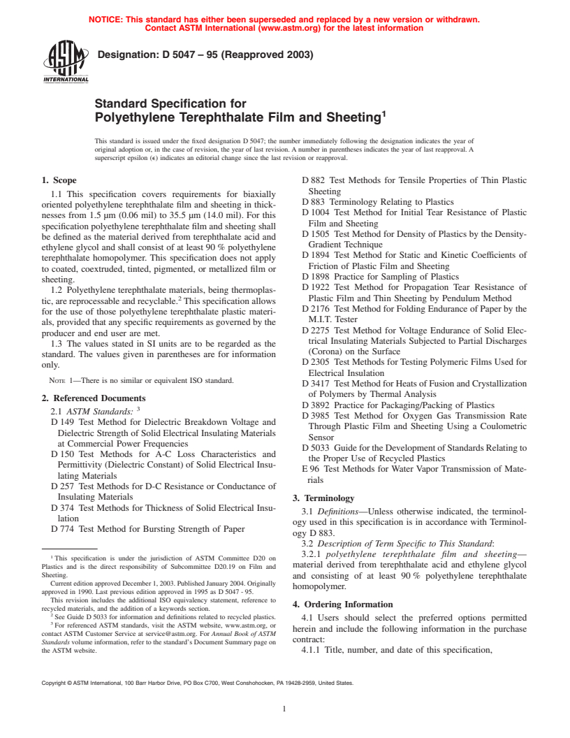 ASTM D5047-95(2003) - Standard Specification for Polyethylene Terephthalate Film and Sheeting