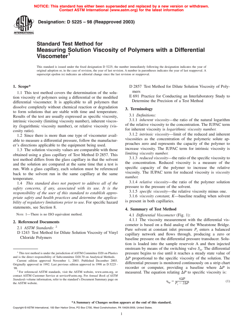 ASTM D5225-98(2003) - Standard Test Method for Measuring Solution Viscosity of Polymers with a Differential Viscometer