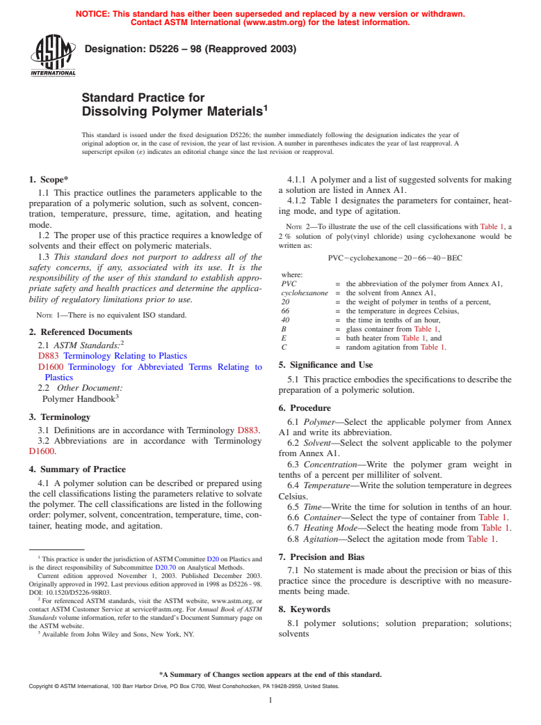 ASTM D5226-98(2003) - Standard Practice for Dissolving Polymer Materials