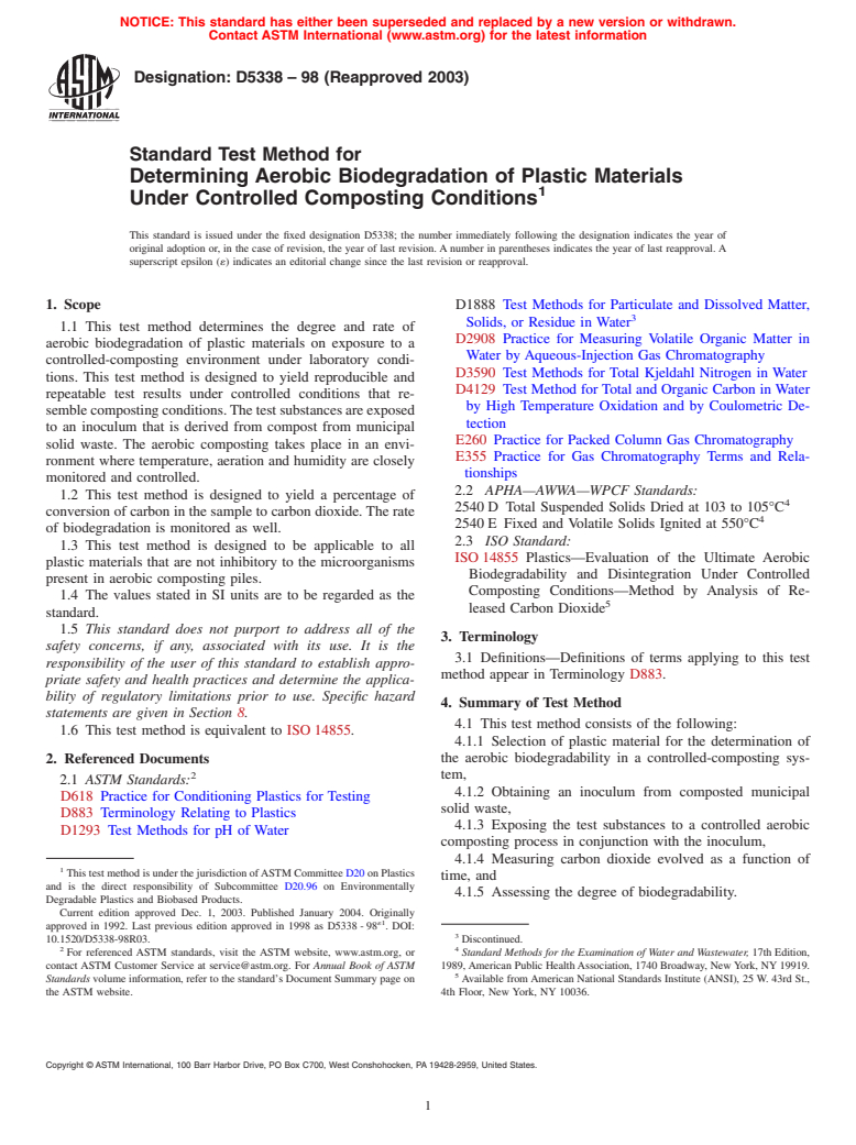 ASTM D5338-98(2003) - Standard Test Method for Determining Aerobic Biodegradation of Plastic Materials Under Controlled Composting Conditions