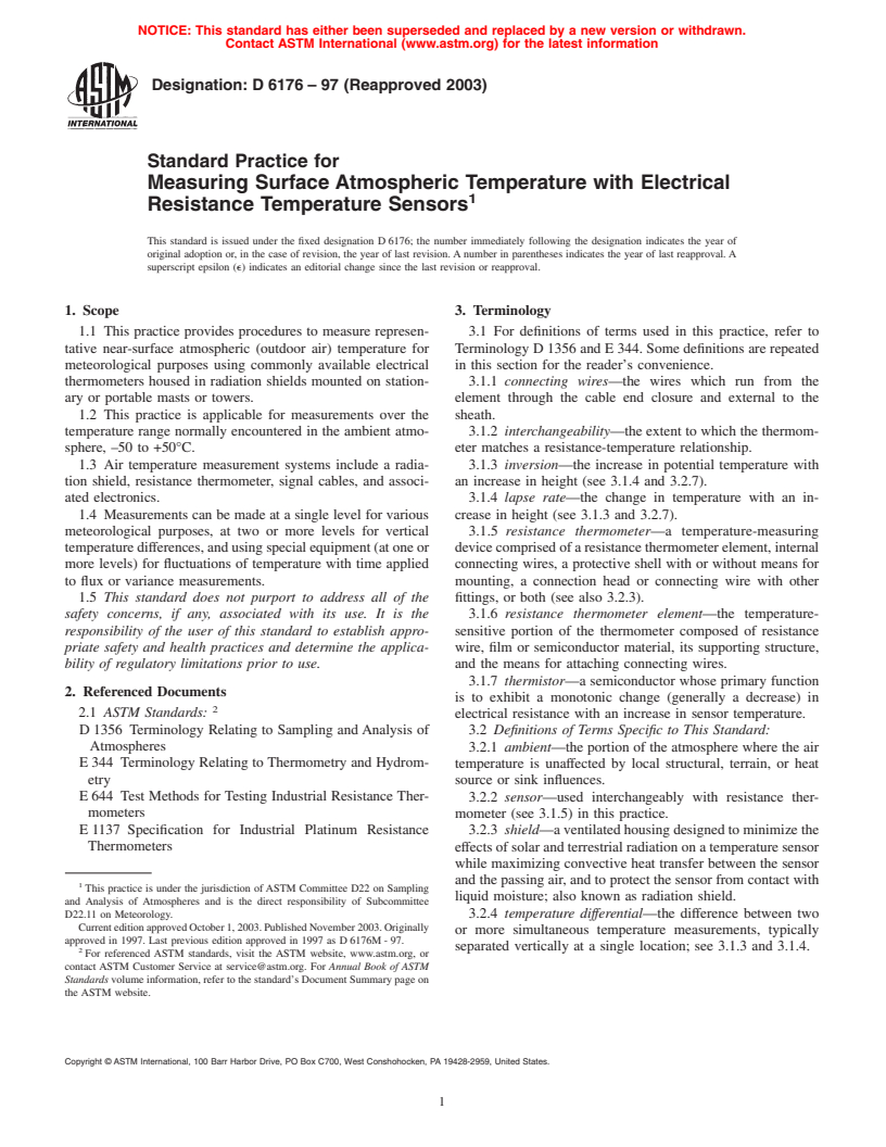 ASTM D6176-97(2003) - Standard Practice for Measuring Surface Atmospheric Temperature with Electrical Resistance Temperature Sensors