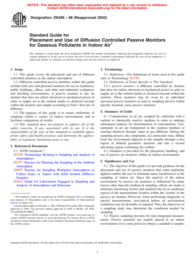 ASTM D6306-98(2003) - Standard Guide for Placement and Use of Diffusion Controlled Passive Monitors for Gaseous Pollutants in Indoor Air