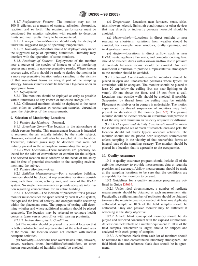 ASTM D6306-98(2003) - Standard Guide for Placement and Use of Diffusion Controlled Passive Monitors for Gaseous Pollutants in Indoor Air