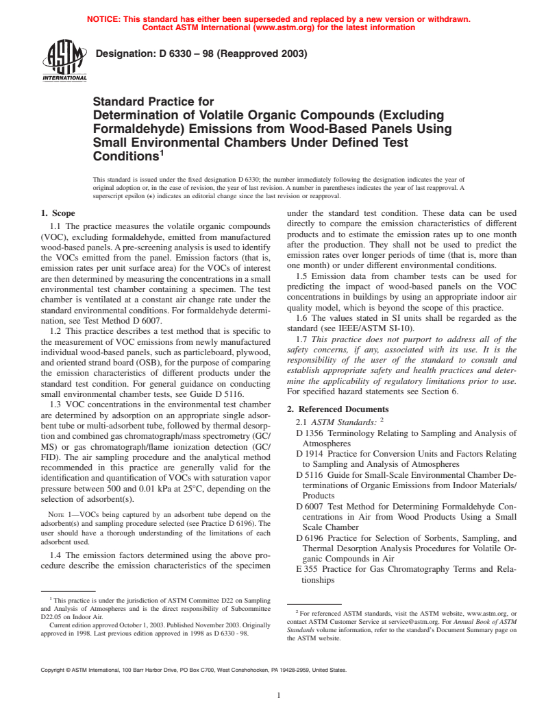 ASTM D6330-98(2003) - Standard Practice for Determination of Volatile Organic Compounds (Excluding Formaldehyde) Emissions from Wood-Based Panels Using Small Environmental Chambers Under Defined Test Conditions