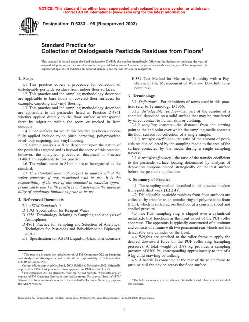 ASTM D6333-98(2003) - Standard Practice for Collection of Dislodgeable Pesticide Residues from Floors