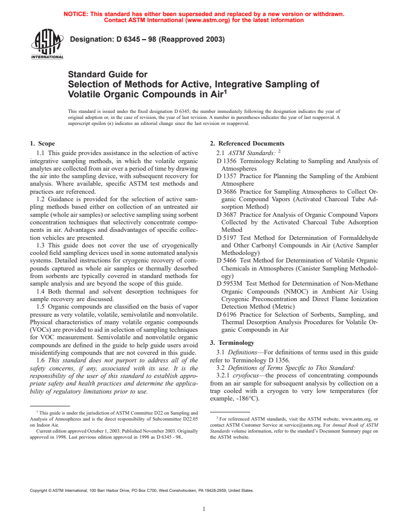 ASTM D6345-98(2003) - Standard Guide for Selection of Methods for Active, Integrative Sampling of Volatile Organic Compounds in Air