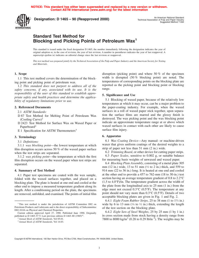 ASTM D1465-90(2000) - Standard Test Method for Blocking and Picking Points of Petroleum Wax