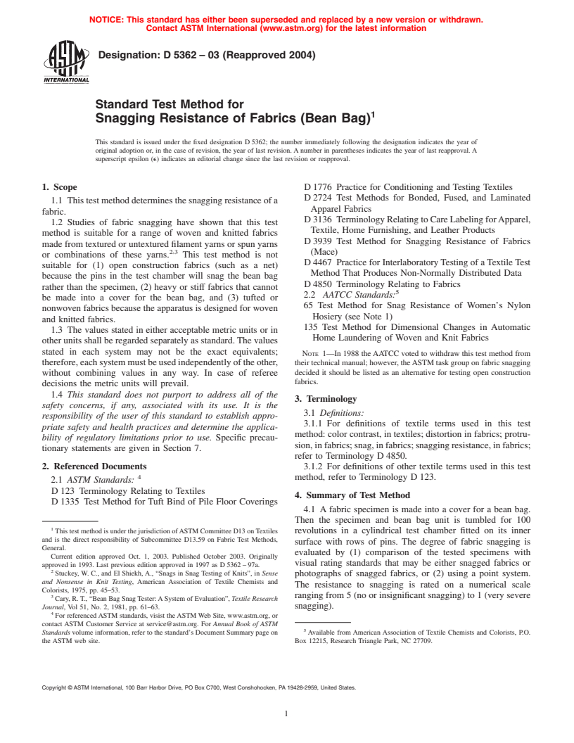 ASTM D5362-03(2004) - Standard Test Method for Snagging Resistance of Fabrics (Bean Bag)