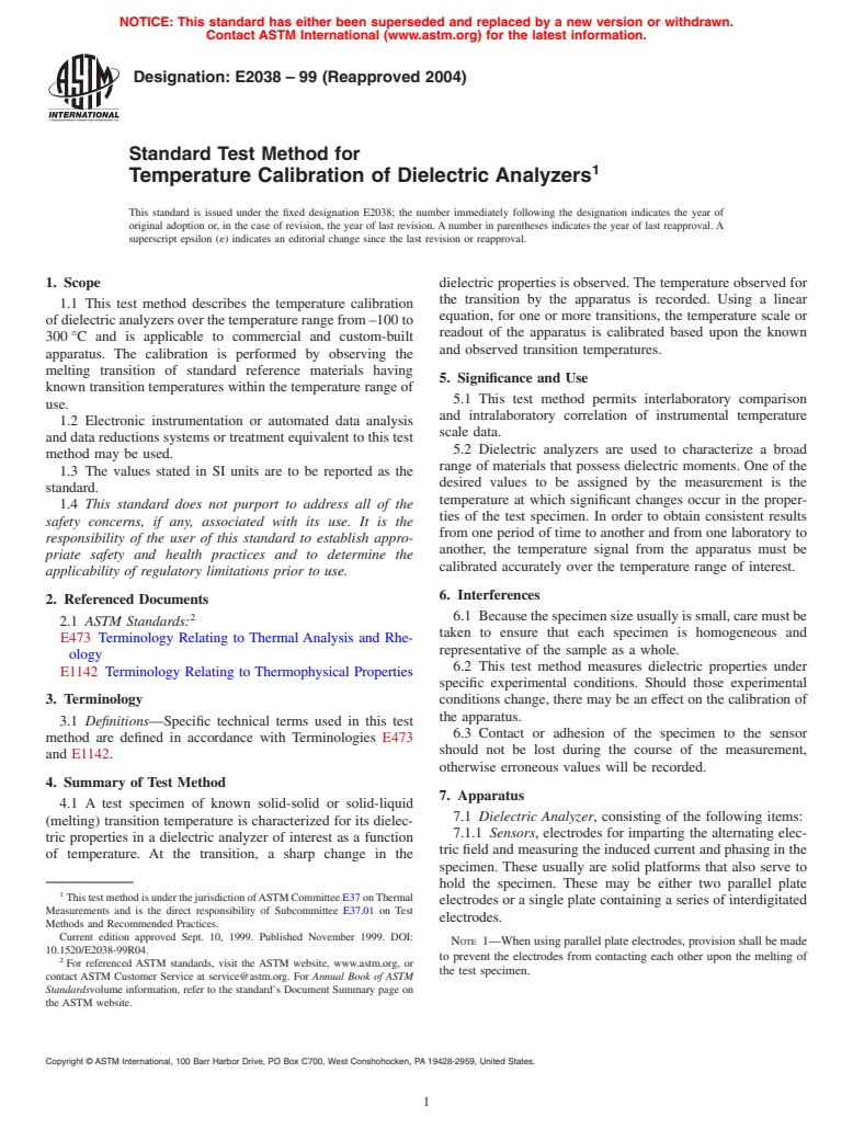 ASTM E2038-99(2004) - Standard Test Method for Temperature Calibration of Dielectric Analyzers (Withdrawn 2009)