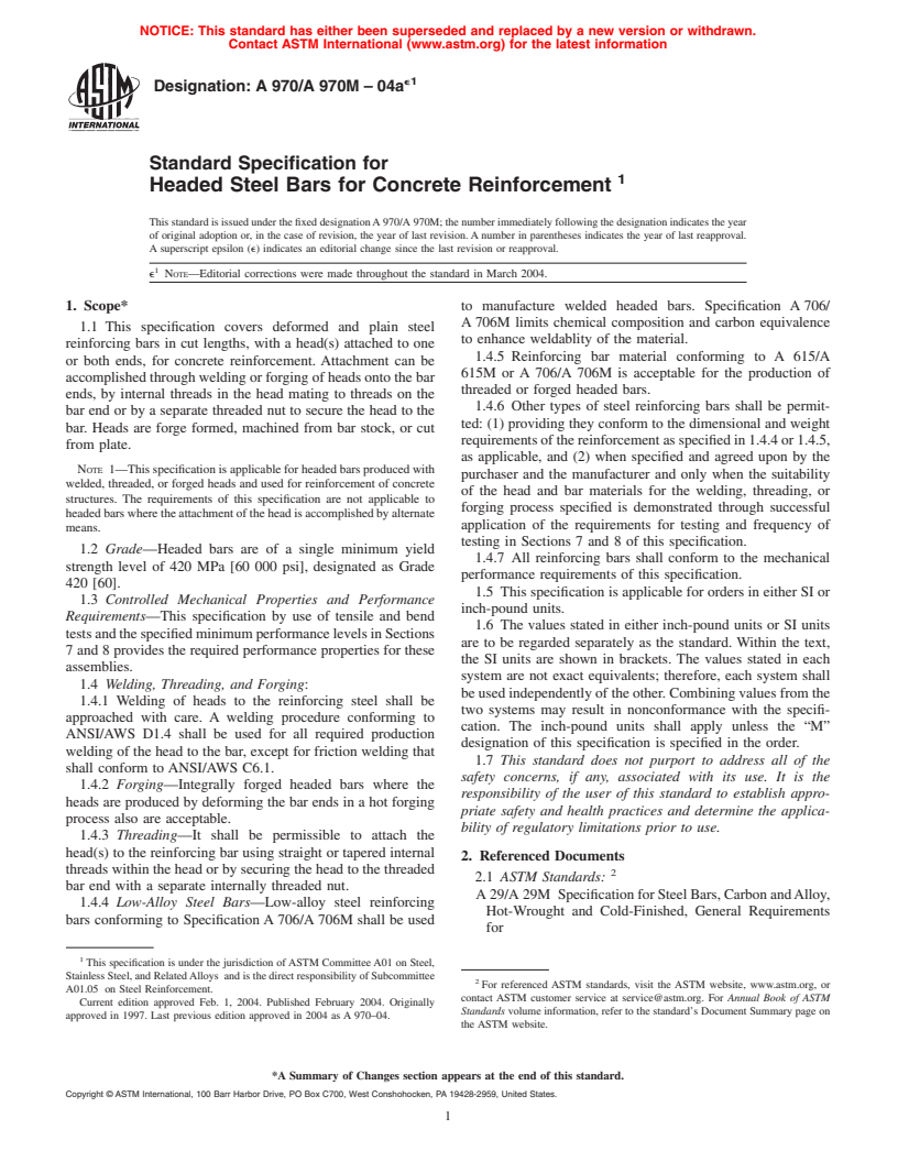 ASTM A970/A970M-04ae1 - Standard Specification for Headed Steel Bars for Concrete Reinforcement