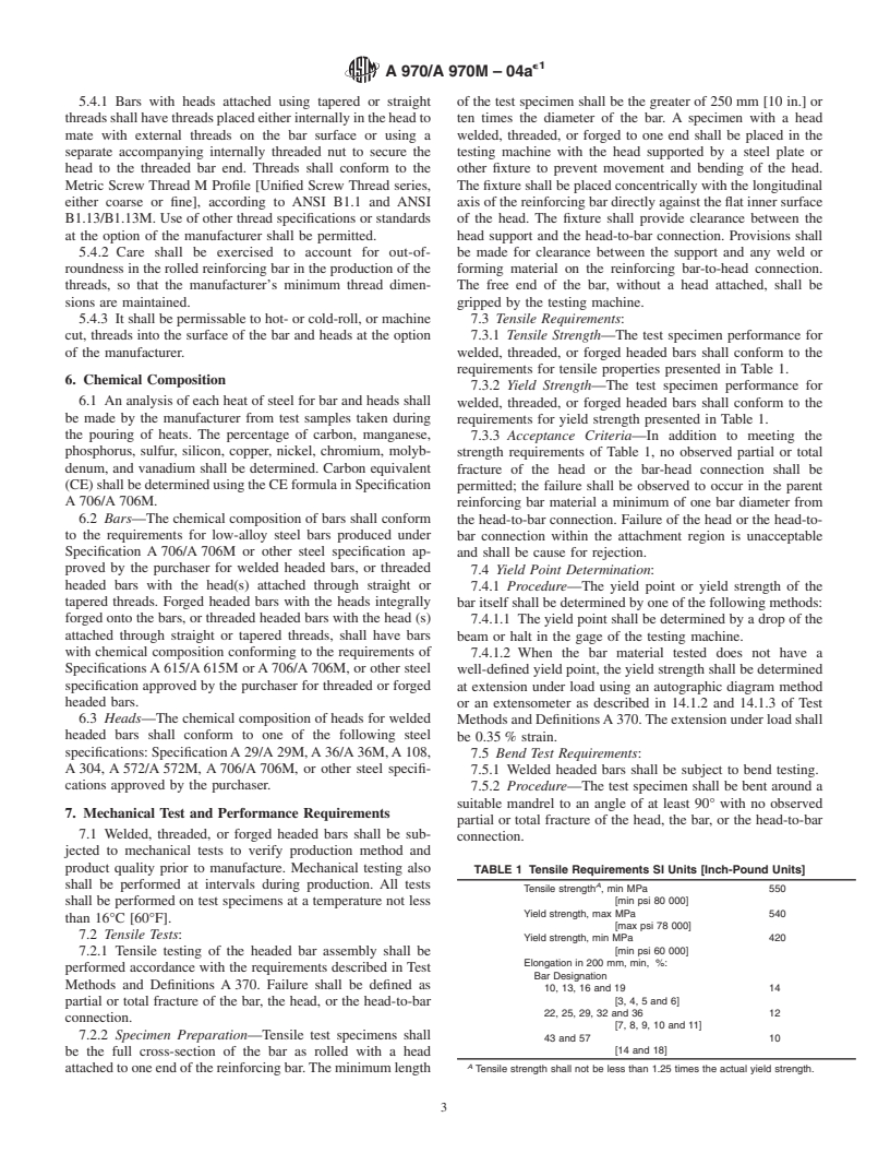 ASTM A970/A970M-04ae1 - Standard Specification for Headed Steel Bars for Concrete Reinforcement